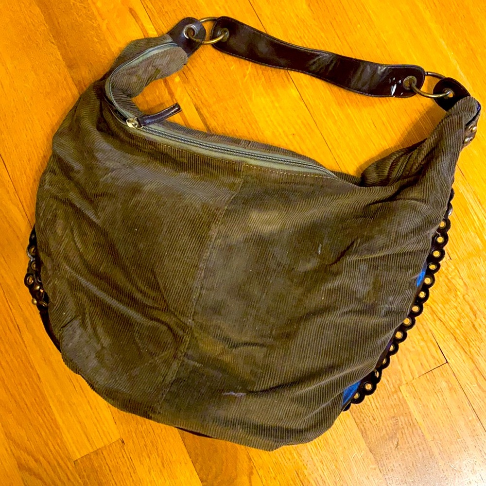 Olive Green Corduroy Studded Messenger Bag